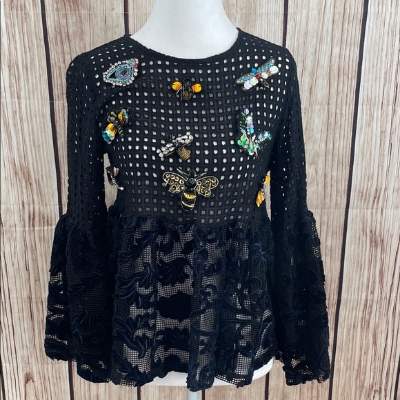 Dor Dor Tops - *Dor Dor Chic Black Beaded Insect Embellished Women's Lacy Blouse - Size Small